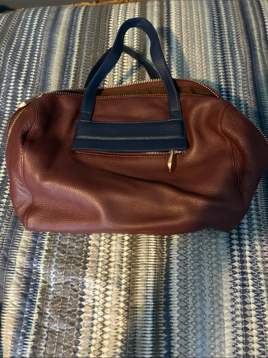 Pour La Victoire Handbags - Pour La Victoire Plum-Marion Leather Satchel with leather Navy Handles and Trim